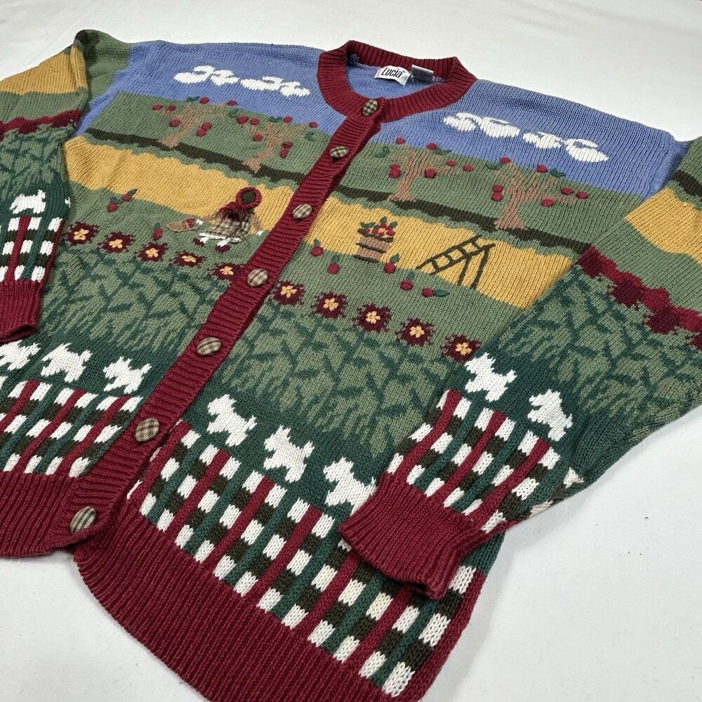 Vintage Lucia Apple Orchard Farm Cardigan Sweater XL Novelty Country Dog Festive - Picture 3 of 14